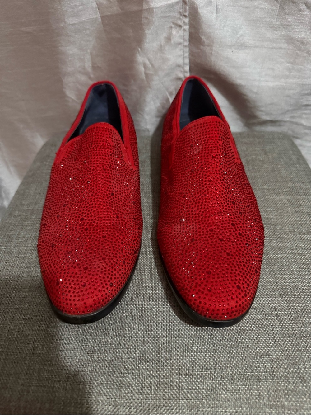 Lavish Red Crystal Embellished Slip-On Loafers